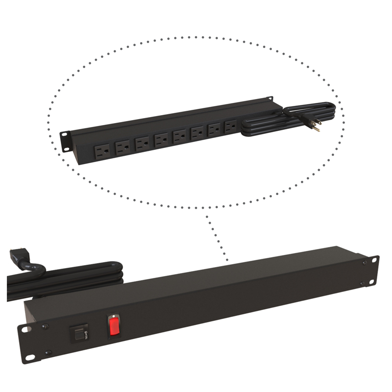 Hammond 1583 PDU 15A/125V (1P) I/Switch RO(8) O(5-15R)P/5-15P 15 ft BK