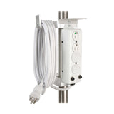 Wall-mounted electrical outlet with power cord on a white background