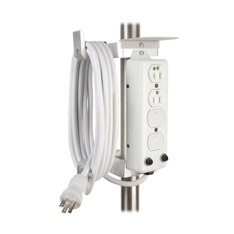 Wall-mounted electrical outlet with power cord on a white background