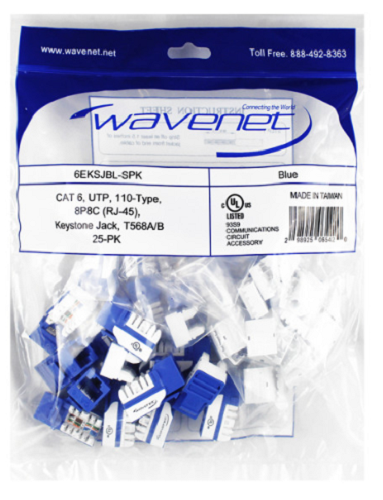 Wavenet Keystone Jack CAT6 UTP 90 degree 110-Type T568A/B - BLUE 25PK